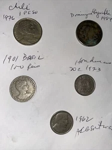 LOT 5 Latin American Coins Brazil Chile Argentina Dominican Rep & Honduras - Picture 1 of 12