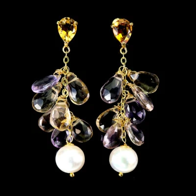925 Sterling Silber Ohrringe Briolette Ametrin Citrin Perle Edelstein Schmuck - Bild 1 von 4