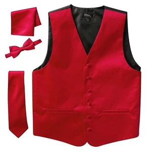 Men's Slim Fit Solid Dress Vest Neck Tie Bowtie Pocket Square Set - CLEARANCE - Picture 1 of 13