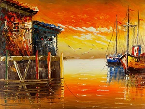 Boats at Sunset A1+ High Quality Canvas Print - Picture 1 of 1
