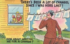Man with Suitcase & Hat, Lot of Changes - Old Vintage Linen Funny Comic Postcard - Picture 1 of 2