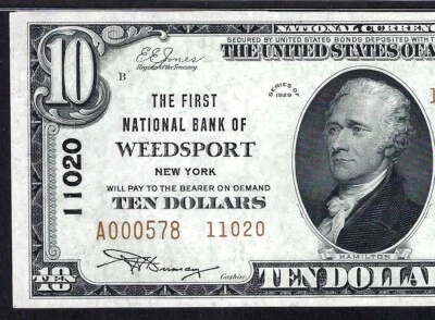 🇺🇸NY 1929 $10 TYPE-2 ♚♚WEEDSPORT, NEW YORK♚♚ PMG GEM UNC 65 EPQ BEST KNOWN!!! - Image 1 of 3