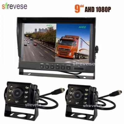 9" IPS Split Monitor+2 x 4Pin AHD 1080P Front Car Rear View Backup Camera SD DVR - Image 1 of 4