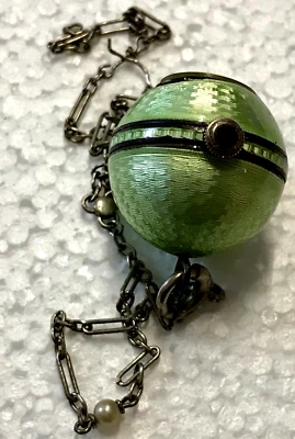 Vintage Guilloche Enamel Ball pendant watch on white metal chain - Image 1 of 4