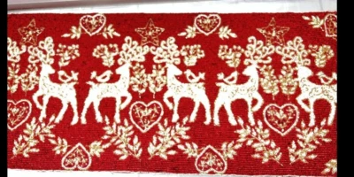 Christmas Beaded Table Runner Red White Deer  New 36" The Alpine Chalet - Image 1 of 3