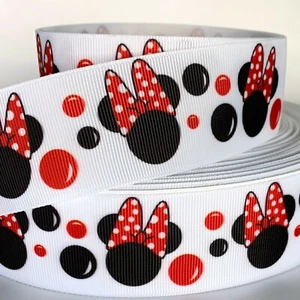 GROSGRAIN RIBBON 5/8", 7/8",1.5", 3" Minnie Mouse White Red Black Bow Printed - Picture 1 of 3