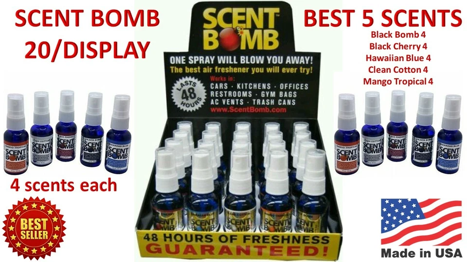 Scent Bomb 1 oz 100% Concentrated Air Freshener Display 20 Bottles (5 Scents)USA