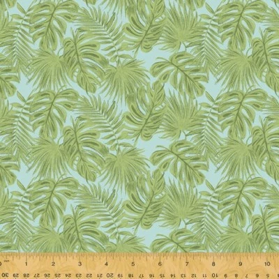 HAWAIIAN PALM TREES LEAVES LIGHT BLUE 100% COTTON FABRIC QUILTING - Image 1 of 2