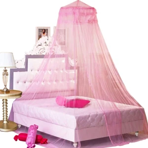 Pink Princess Bed Canopy Netting Mosquito Net round Lace Dome for Twin Full and - Picture 1 of 12