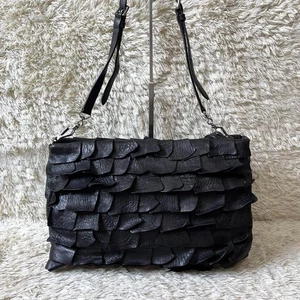 Miu Miu Shoulder Bag Ruffled Leather Black Crossbody Logo Gold Chain Used Japan - Picture 1 of 12