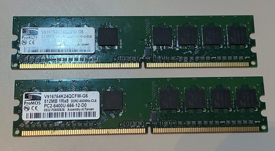 2 x ProMOS 512MB PC2-6400U-666-12-D0 (DDR2-800MHz) Desktop RAM Memory (1GB) - Image 1 of 4