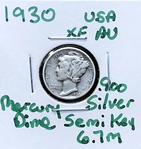 Moneda de diez centavos Mercury XF 1930 - .900 de plata de Estados Unidos - fecha semi clave baja acuñación 6,7 m - Imagen 1 de 8