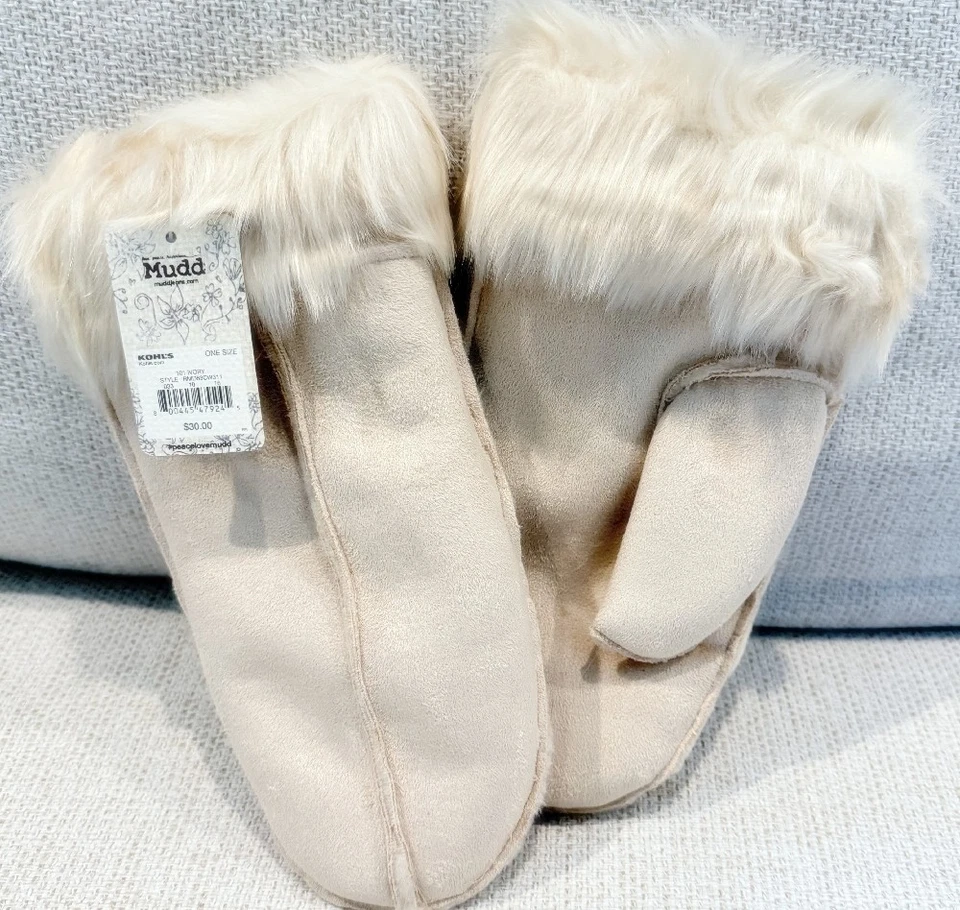 Mitones de forro de piel sintética de gamuza sintética Mudd®, marfil, talla única, nuevos con etiquetas Foto 1 de 2