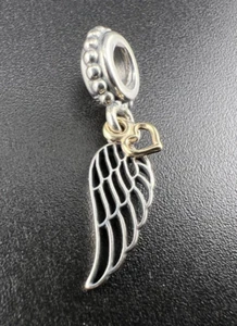 PANDORA STERLING SILVER 925 ANGEL WINGS 14K GOLD HEART DANGLE CHARM BEAD 791389 - Picture 1 of 3