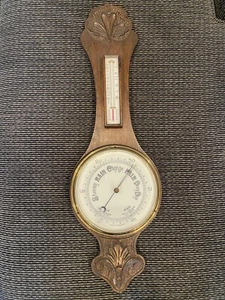 Antique aneroid barometer thermometer hand carved Wood case 31” fahr + centi - Picture 1 of 9