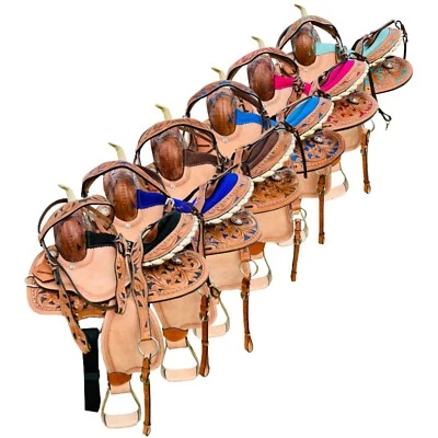 Western Leather Barrel Horse Saddle Youth Kids Pony With Tack Set Free Shipping - Image 1 of 3