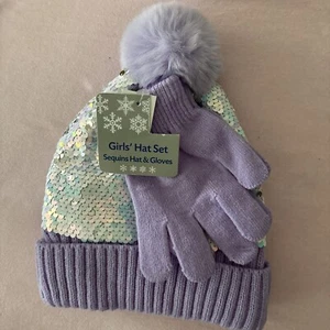 Girls’s Hat  With Matching Gloves Set Sequins Purple  One Size Fits Most - Picture 1 of 7