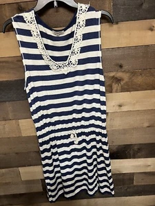 Max Studio Womens Striped Knit Dress Sz Large Blue White Drawstring Waist - Picture 1 of 5