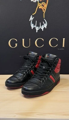 Authentic Gucci Black/Red Leather Praga Karibu High Top Sneakers Size 6.5 .!! - Image 1 of 4