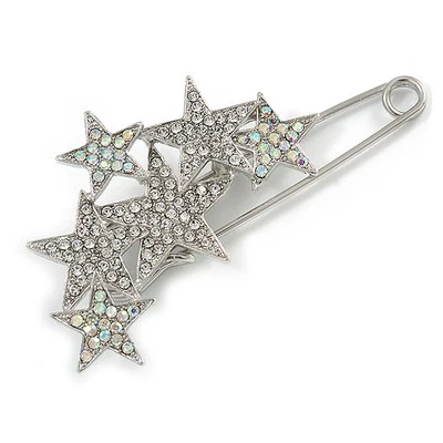 Broche alfiler de seguridad con racimo de estrellas de cristal transparente/AB en tono plateado - 75 mm L Foto 1 de 4