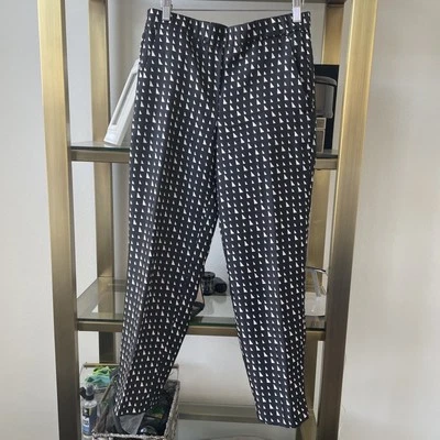 Pantalones THEORY Pull On Negro Blanco Patrón 100% Seda Pierna Recta Talla 2 Foto 1 de 4