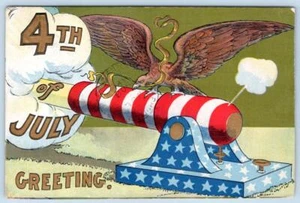 1908 4 de julio águila calva en rojo blanco azul cañón postal patriótica*ver reverso - Imagen 1 de 2