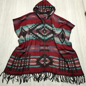 Earthbound Trading Co. Poncho Hooded Women’s Sz Small Hippie Fringe Southwestern - Picture 1 of 11