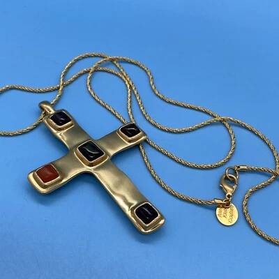 Anne Klein Couture Signed/Gold-Plate Double Side 3.5"Cross w/32" Opera Chain/VTG - Image 1 of 4
