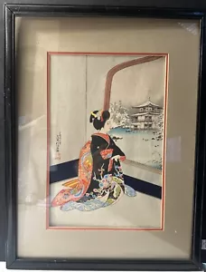 ANTIQUE “SADANOBU HASEGAWA” JAPANESE GEISHA GIRL IN WINTER WOODBLOCK PRINT SIG - Picture 1 of 18