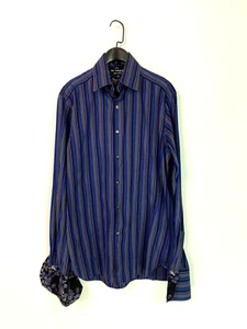 Marks Spencer Blue Black Stripe Long Cuffed Sleeve Shirt Pure Cotton Size 39-40 - Picture 1 of 8
