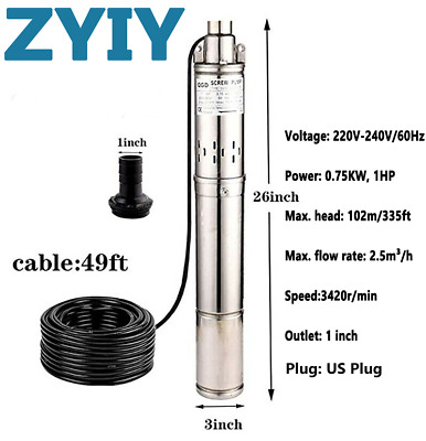 ZYIY 3 Inch 750 W Screw Pump Submersible Water Pump Deep Well Pump For Home Pool • 231.87€