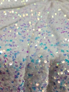 White Velvet Clear Iridescent Sequin Fabric By Yard Shine Sparkle Fashion Stretc - Picture 1 of 12
