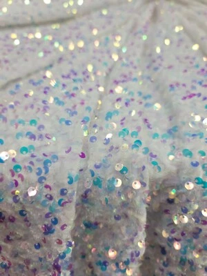 White Velvet Clear Iridescent Sequin Fabric By Yard Shine Sparkle Fashion Stretc - Image 1 of 4