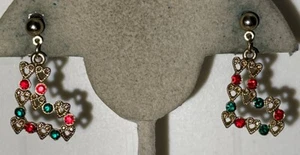 Vintage Gold Tone Christmas Pierced Stocking Green & Red Rhinestones Earrings - Picture 1 of 7