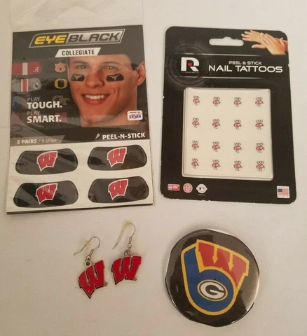 UW Wisconsin Badger W Earrings EyeBlack Nail Tattoos Packers Brewers Pin Sports Cover