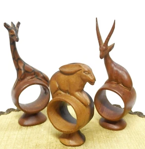 Carved African Mahogany Animal Napkin Rings Giraffe Rabbit Antelope Set of 3 - Picture 1 of 6