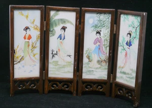 VINTAGE CHINESE TABLE SCREEN w HAND PAINTED PORCELAIN PANELS, WOMEN, INSCRIBED - Picture 1 of 12
