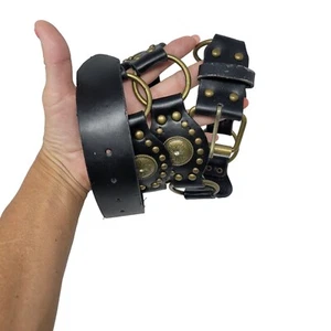 Unisex Vintage-inspirierter schwarzer veganer Ledergürtel Messing Concho Nieten Kette Hüfte XL - Bild 1 von 9