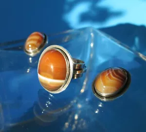 Vintage 80er Jahre Israel RING + OHRRINGE Set 925 Silber gebänderter Achat oval Cabochon - Bild 1 von 6