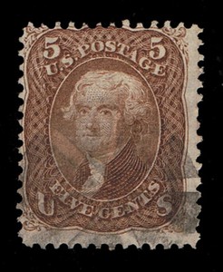 AFFORDABLE GENUINE SCOTT #95 USED VERIFIED CLEAR F-GRILL 1868 5¢ BROWN .SCV $850