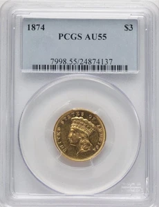 Moneda de oro de $3 de 1874 “Princesa India” - PCGS AU55 - 41.800 acuñada - Imagen 1 de 4