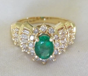 14K Yellow Gold Natural Emerald Diamond Halo Ring - 5.60 gms, Sz 6.75, 1.56 ctw - Picture 1 of 12