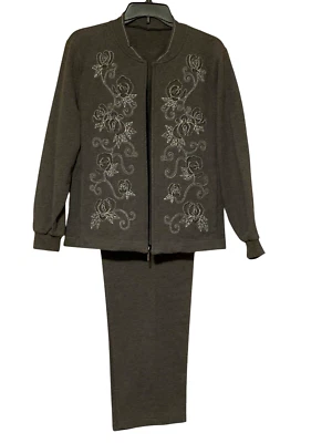 LIZ CLAIBORNE GRAY ACTIVEWEAR JACKET PANTS SET WOMENS LG STRETCH SILVER STITCH Foto 1 de 4