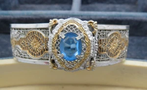 Antique Filigree Bangle Bracelet Hinged JJ White Manfg Co Patent # Blue Stone - Picture 1 of 12