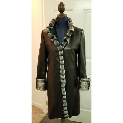 ✅NWT Tibor Black Leather Chinchilla Rex Rabbit Trim Convertible Insulated Coat! - Image 1 of 4