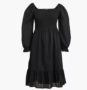 NWT J. Crew Petites Smocked Clip Dot Long Puff Sleeve Mini Dress Black Size PL - Picture 1 of 11