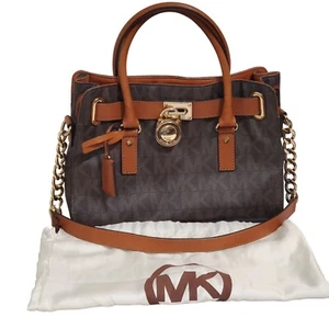 Michael Kors Hamilton bag Satchel Brown Logo Canvas Gold Chain Lock Shoulder - Picture 1 of 12