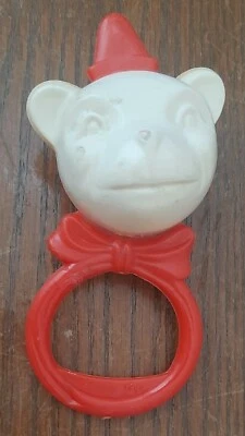 Vintage Baby Toy Animal Ring Rattle Monkey With Hat Red and White Free Shipping - Image 1 of 2