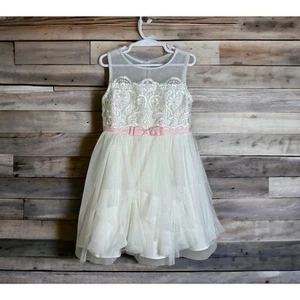 Jona Michelle Ivory Lace Ruffle Tiered Pink Bow Tulle Holiday Formal Dress Sz 5 - Picture 1 of 6