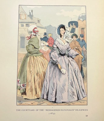 French Fashion Print Antique Hand Colored Illustration Courtyard 1839 - Image 1 of 4
